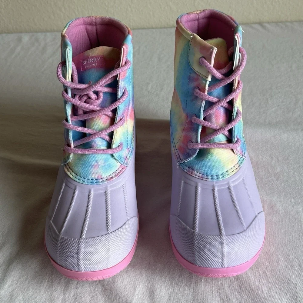 Sperry Port Boot Rain Weather Duck Boots Tie Dye Pastel Rainbow New In Box 5Y
